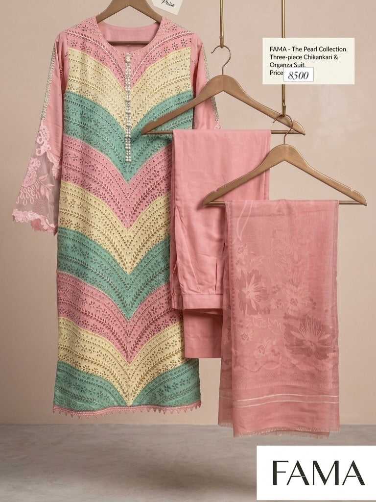 FAMA Pearl Collection three piece Chikankari suit – hanger flat lay