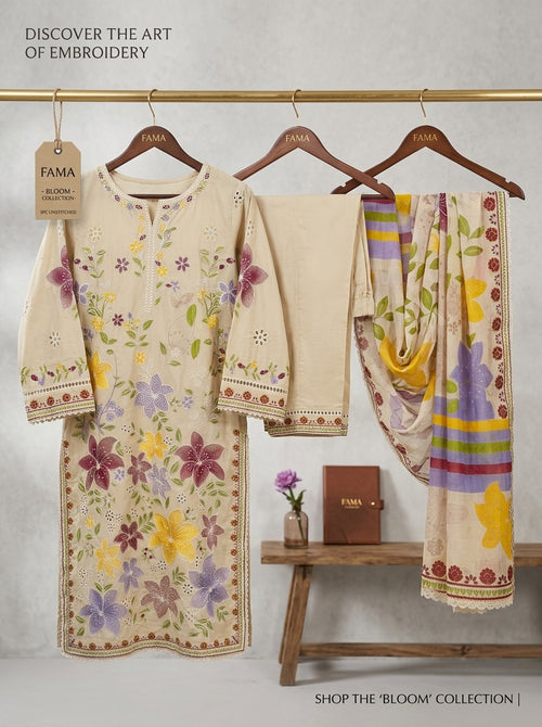 FAMA Bloom Collection hanger shot - embroidered 3PC unstitched suit