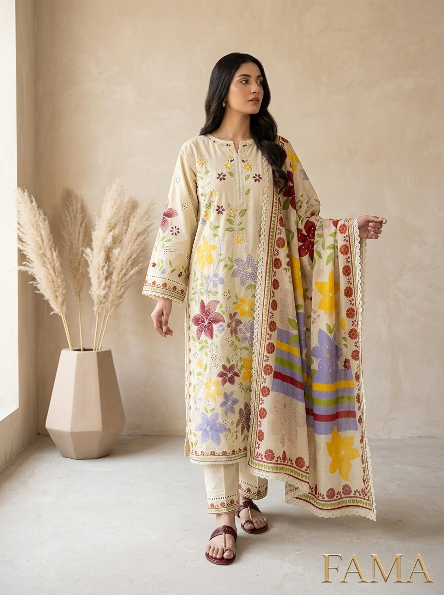 FAMA Bloom Collection - model wearing cream embroidered suit with printed dupatta