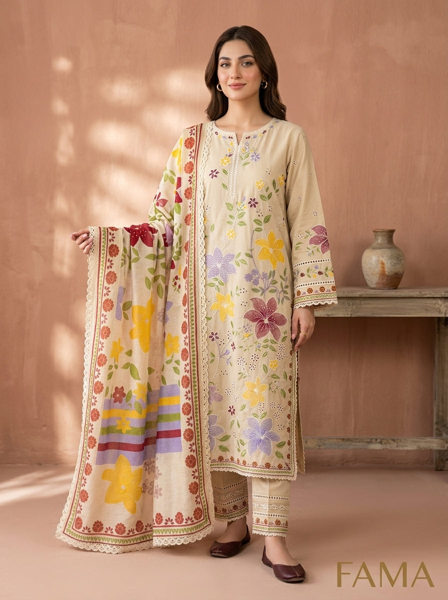 FAMA Bloom Collection - model in cream floral embroidered 3-piece suit