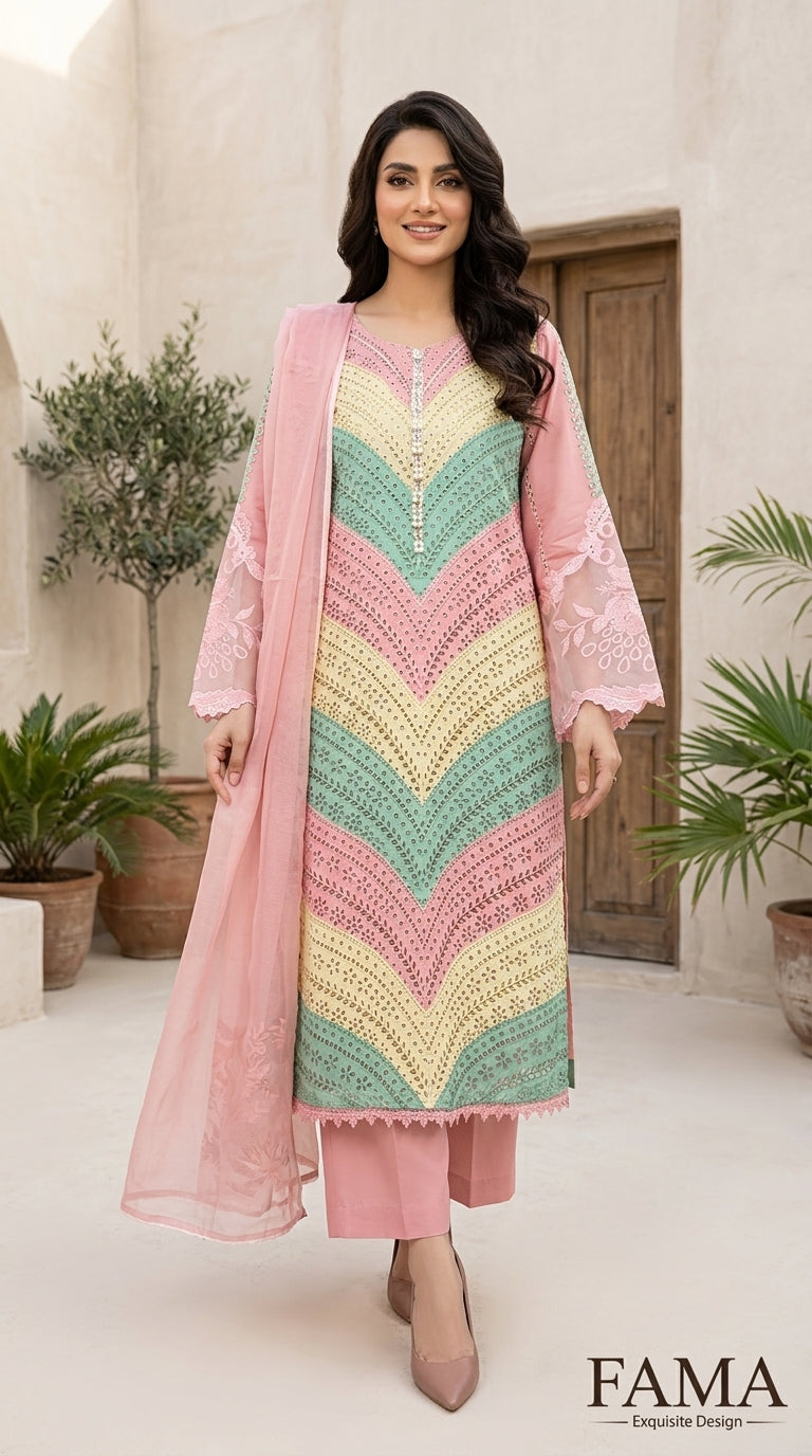 FAMA Pearl Collection – close-up model shot showing chevron embroidery detail