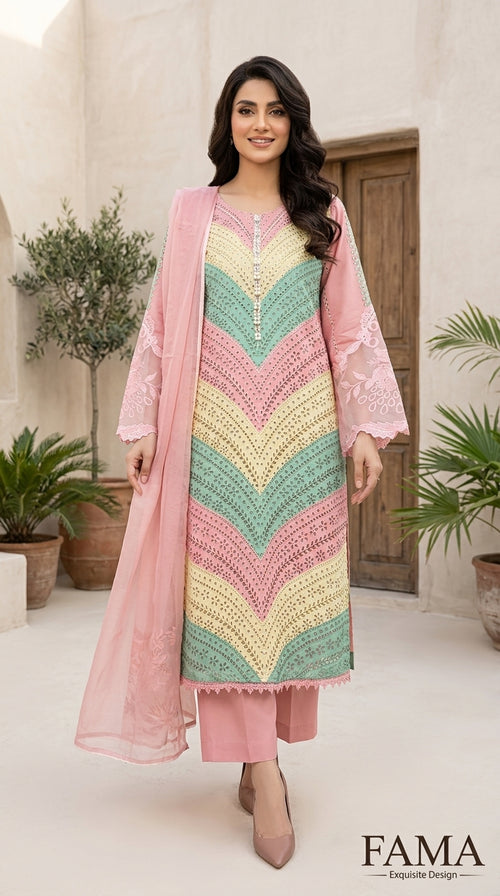 FAMA Pearl Collection – close-up model shot showing chevron embroidery detail