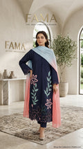 Navy Blue Floral Appliqué 3-Piece Suit — Hanger Shot showing Kurta, Trousers & Dupatta