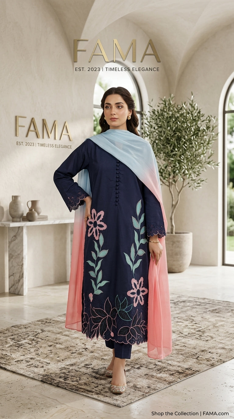 Navy Blue Floral Appliqué 3-Piece Suit — Hanger Shot showing Kurta, Trousers & Dupatta