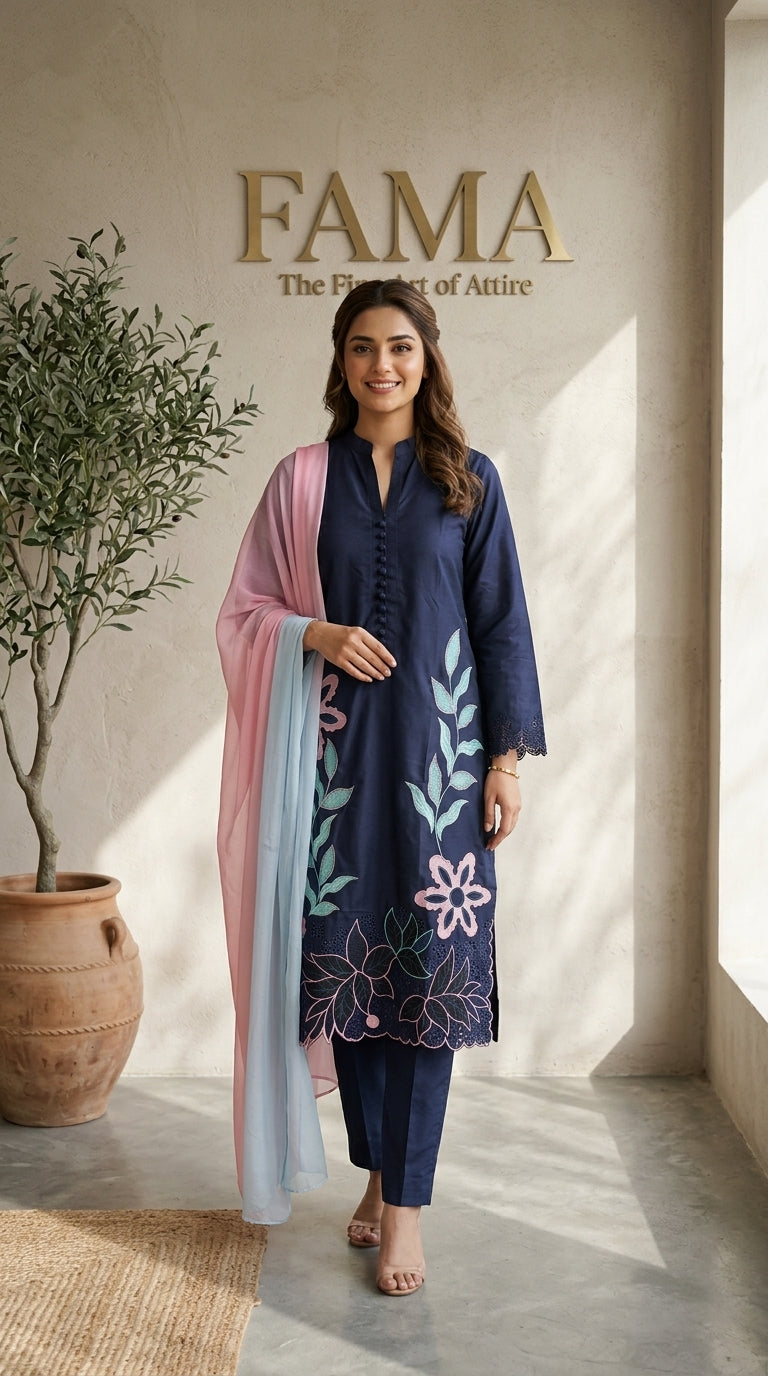 Navy Blue Floral Appliqué 3-Piece Suit — Full Length Editorial, FAMA