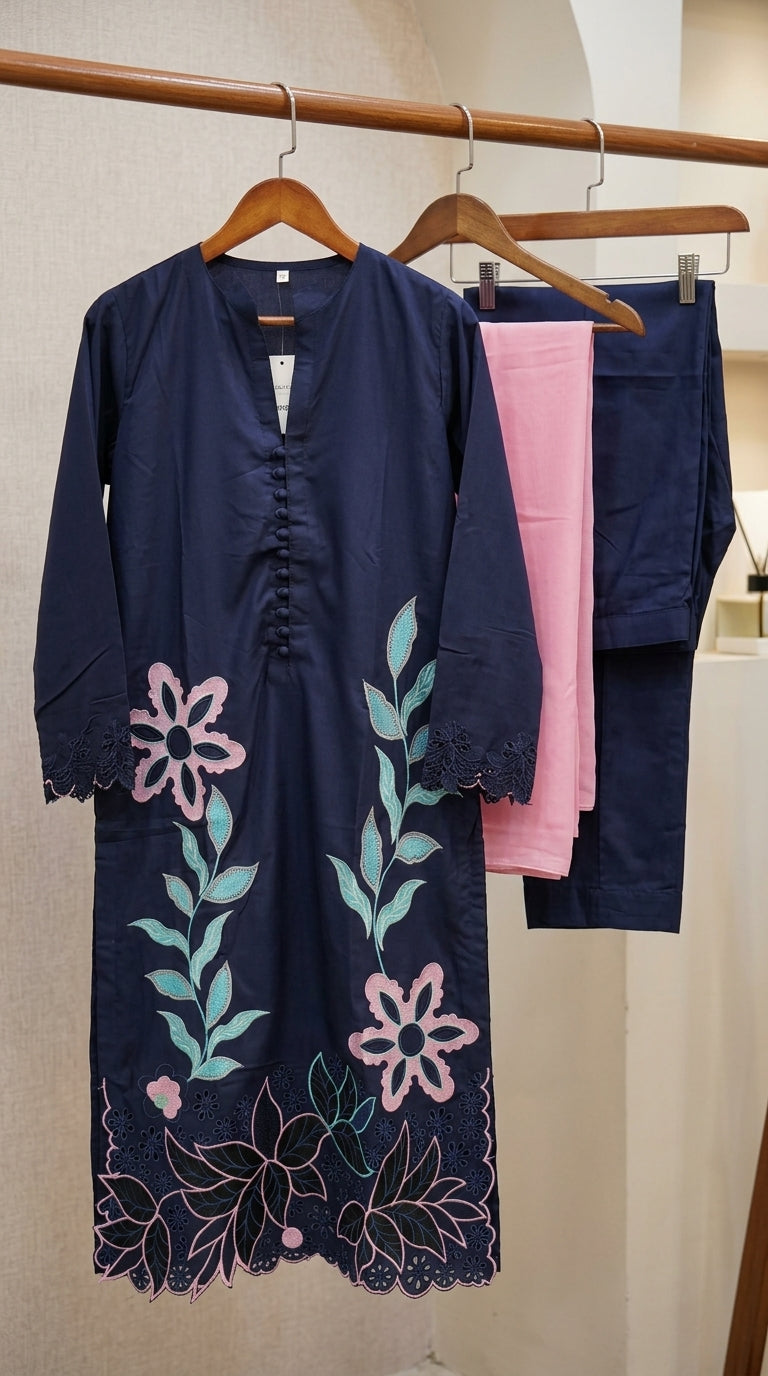 Navy Blue Floral Appliqué 3-Piece Suit — Editorial Campaign Shot, FAMA