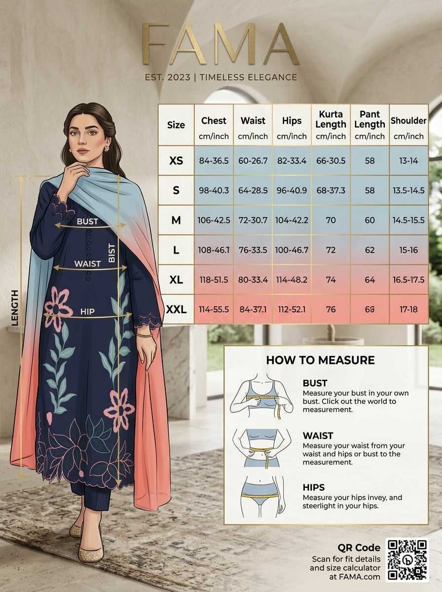 FAMA Size Chart — XS to XXL with Chest, Waist, Hips, Kurta Length & Pant Length measurements